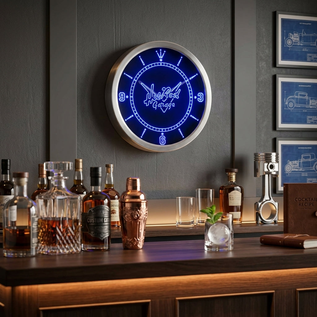 Hot Rod Garage Car Beer Bar Neon Sign LED Clock