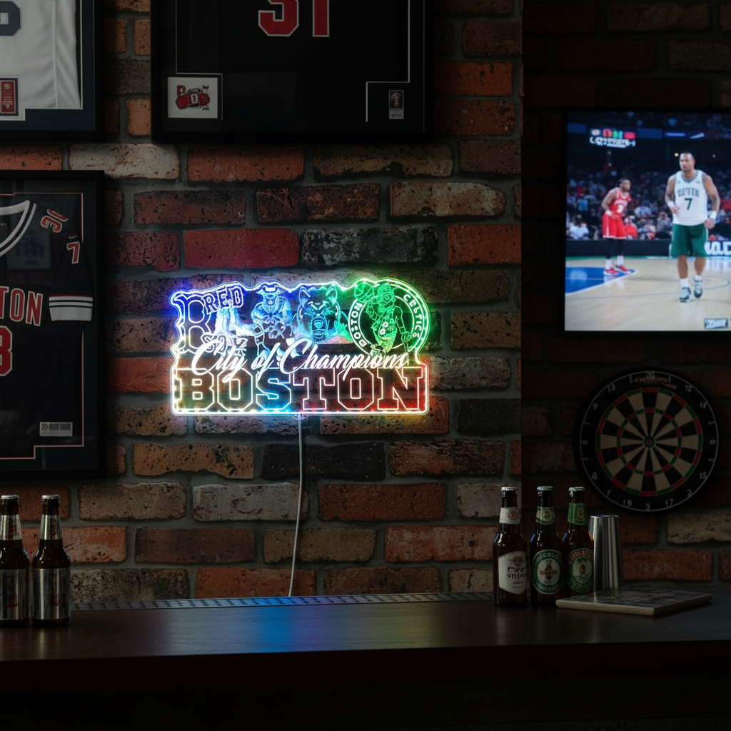Boston Red Sox Patriots Bruins Celtics Mascot Collage Champs Neon RGB Edge Lit LED Sign