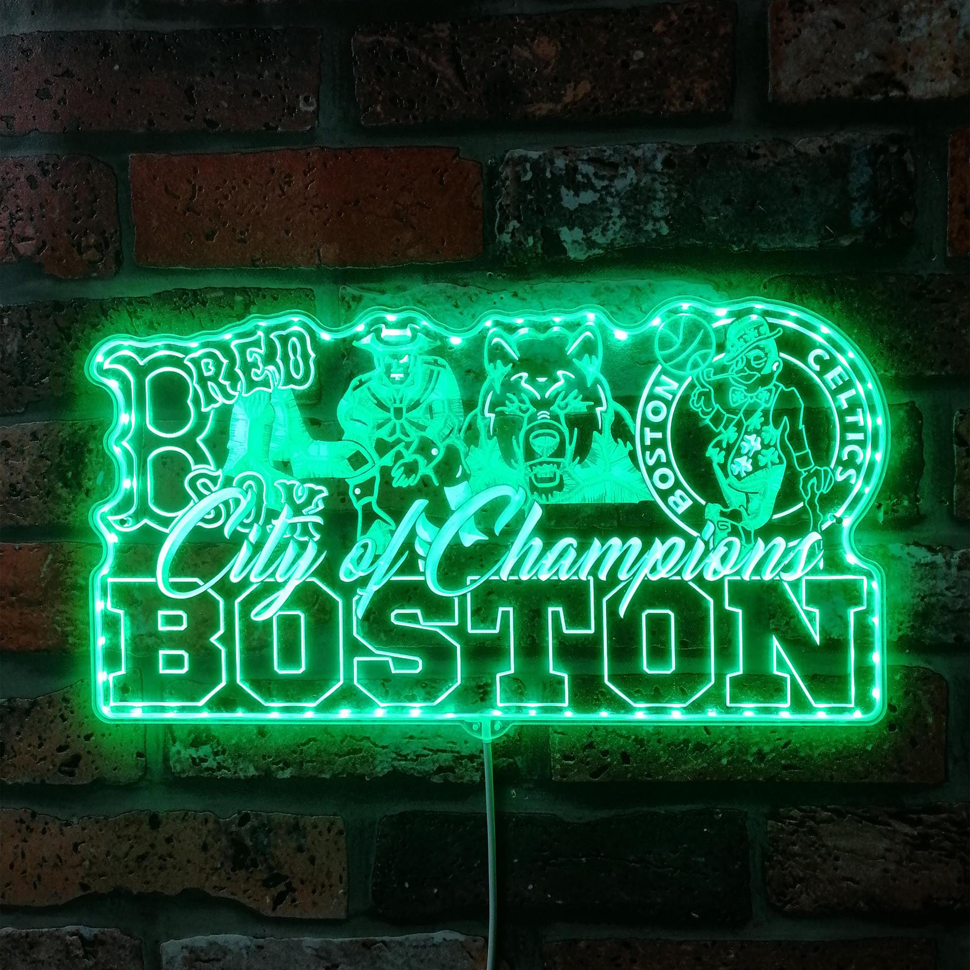 Boston Red Sox Patriots Bruins Celtics Mascot Collage Champs Dynamic RGB Edge Lit LED Sign