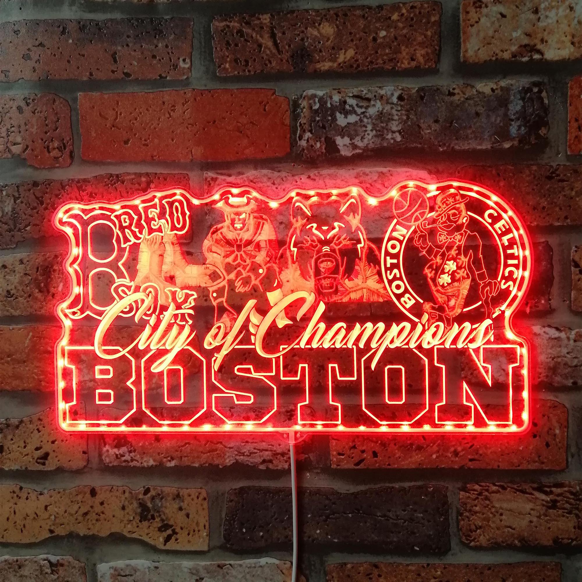 Boston Red Sox Patriots Bruins Celtics Mascot Collage Champs Dynamic RGB Edge Lit LED Sign