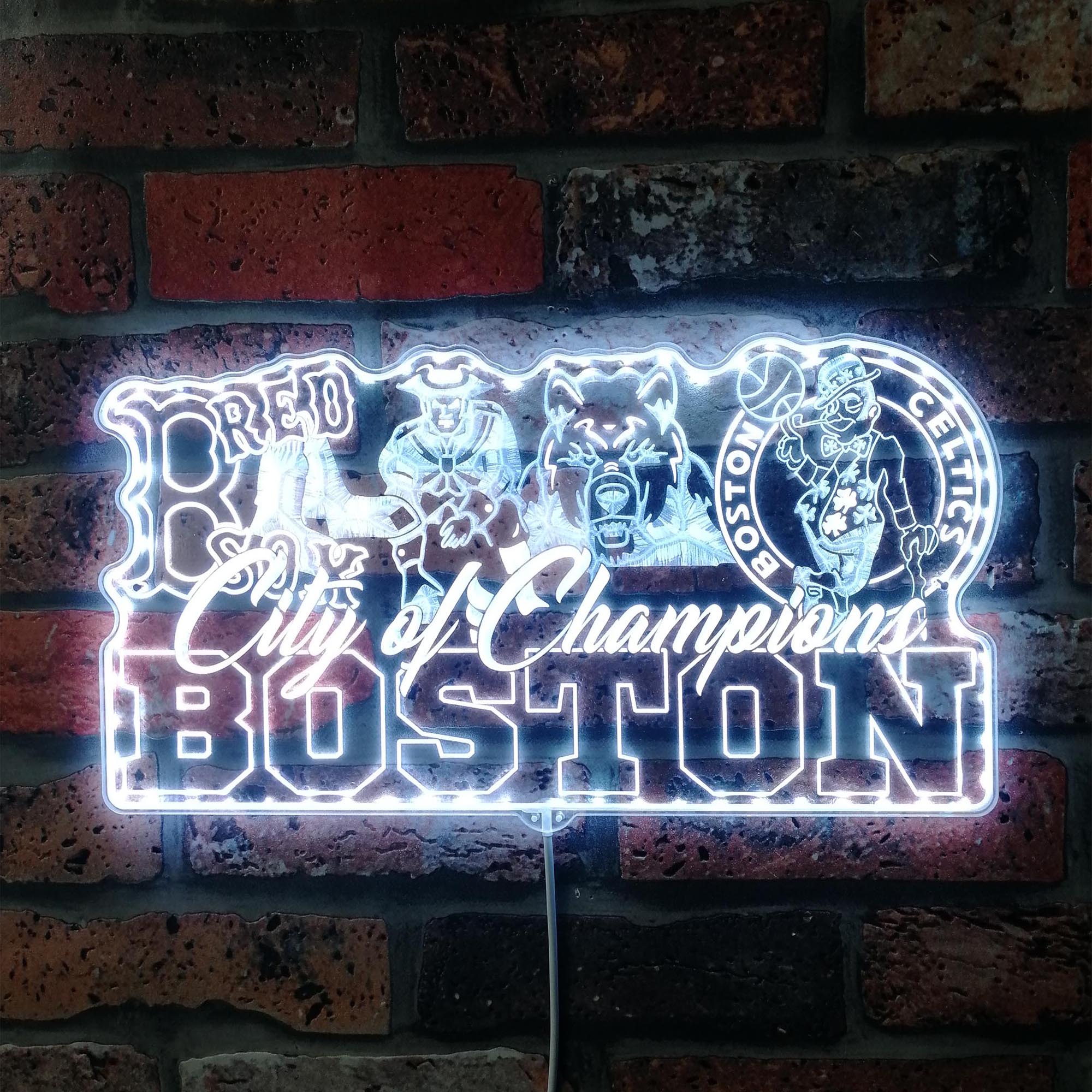 Boston Red Sox Patriots Bruins Celtics Mascot Collage Champs Dynamic RGB Edge Lit LED Sign