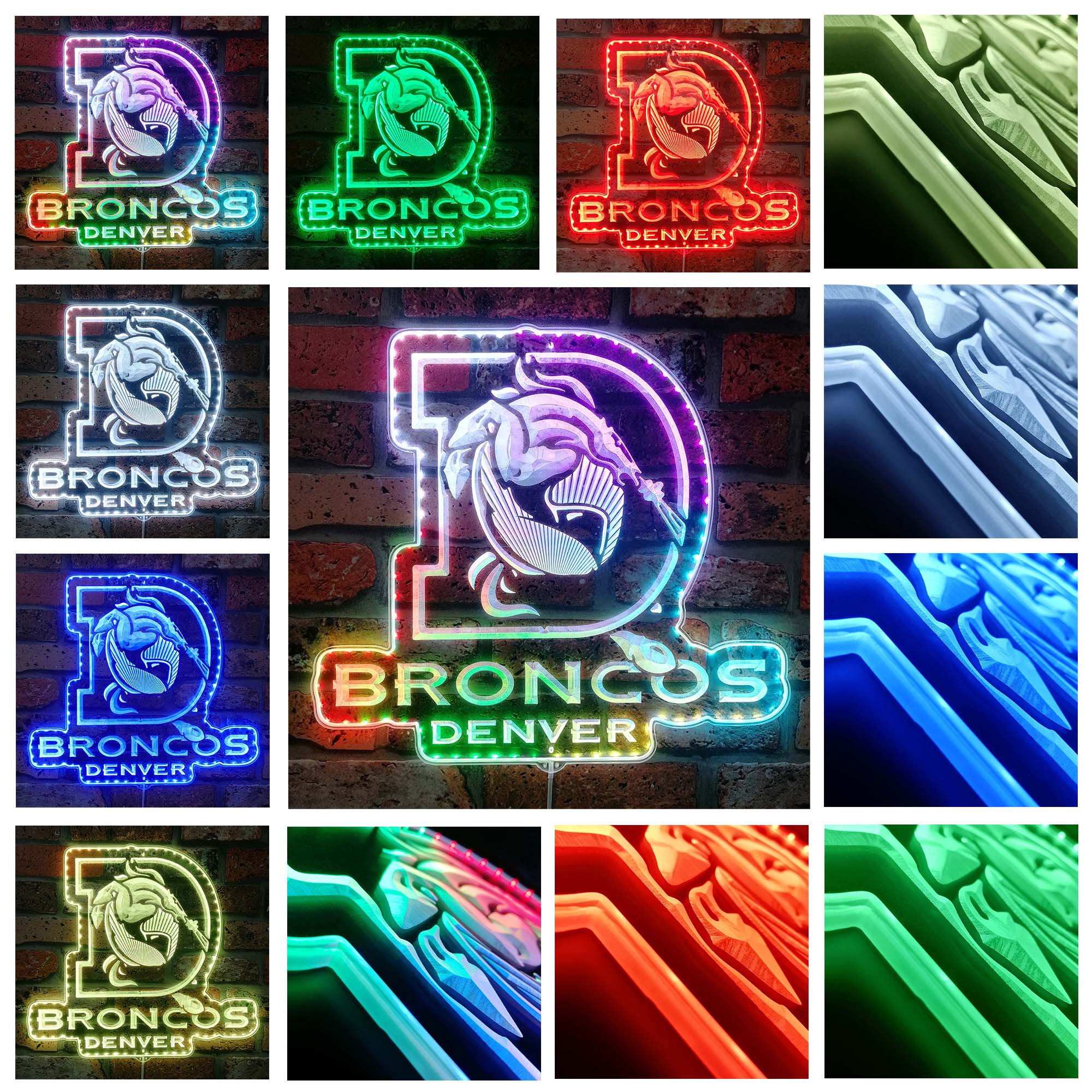 Denver Broncos Logo with Bronco in Center of Denver D Dynamic RGB Edge Lit LED Sign