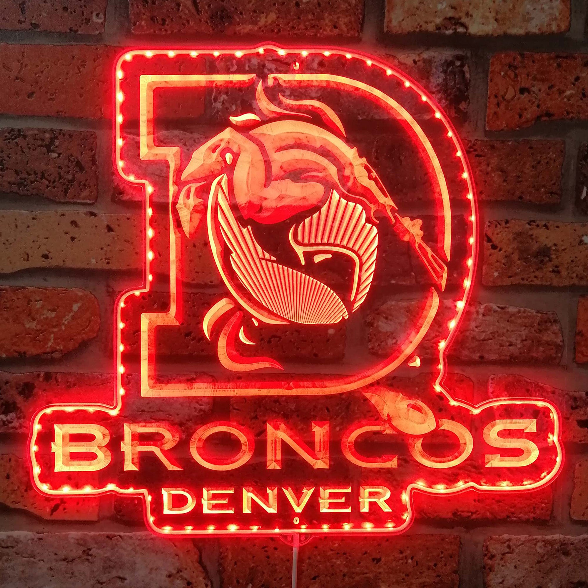 Denver Broncos Logo with Bronco in Center of Denver D Dynamic RGB Edge Lit LED Sign