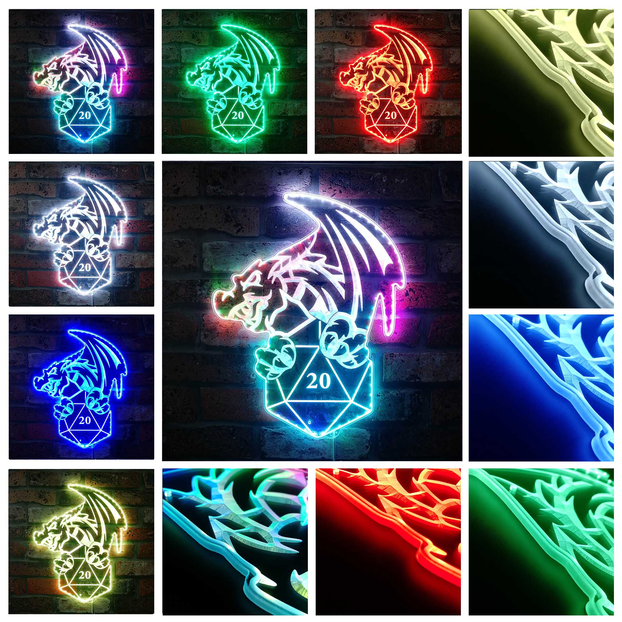 D20 Dice Dragon Dynamic RGB Edge Lit LED Sign