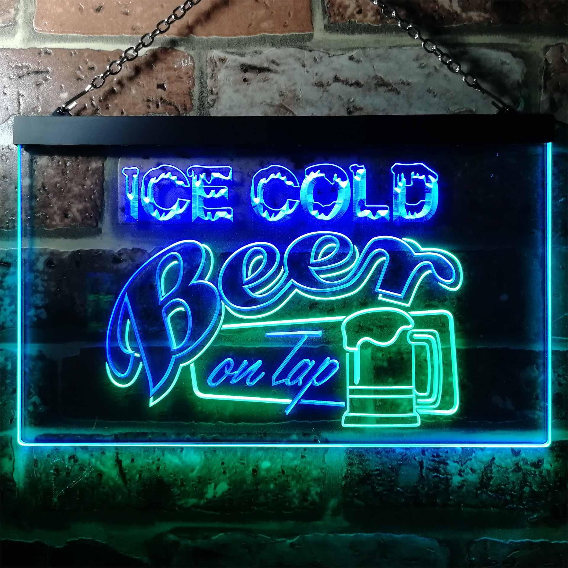 pro Ice Cold Beer On Tap Bar Club Dual-Color LED Neon Sign