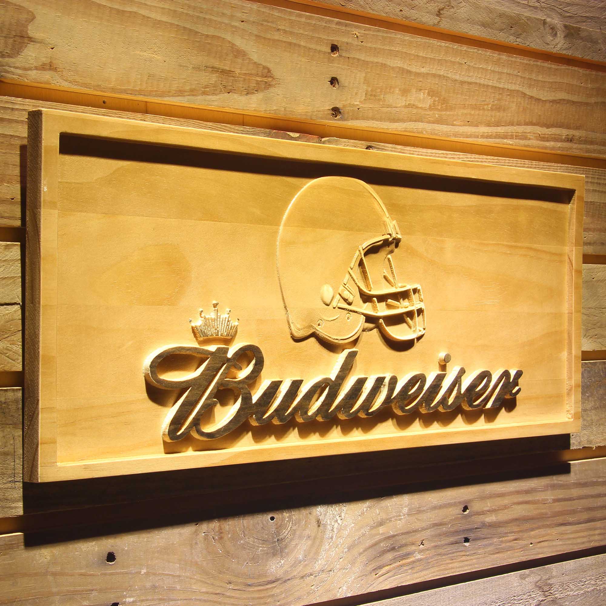 Cleveland Browns Budweiser 3D Solid Wooden Craving LED Light Sign