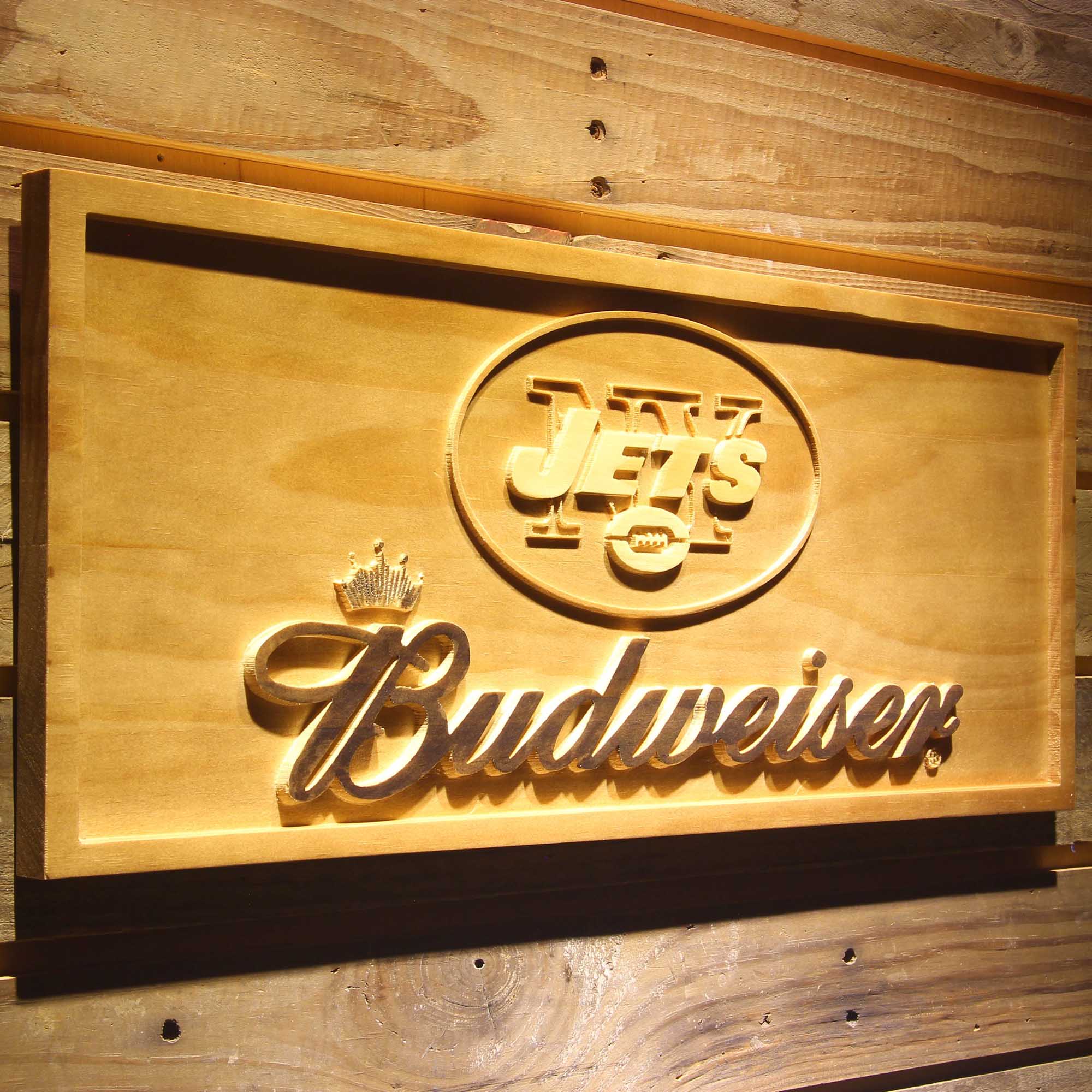 New York Jets Budweiser 3D Solid Wooden Craving Sign