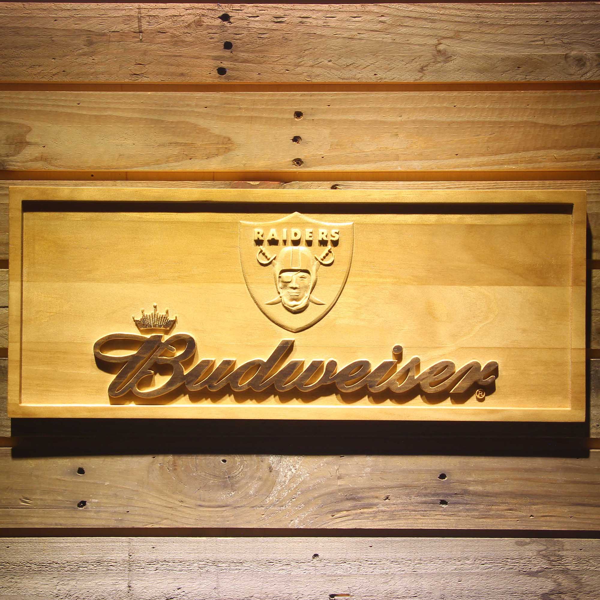 Oakland Raiders Budweiser 3D Solid Wooden Craving Sign