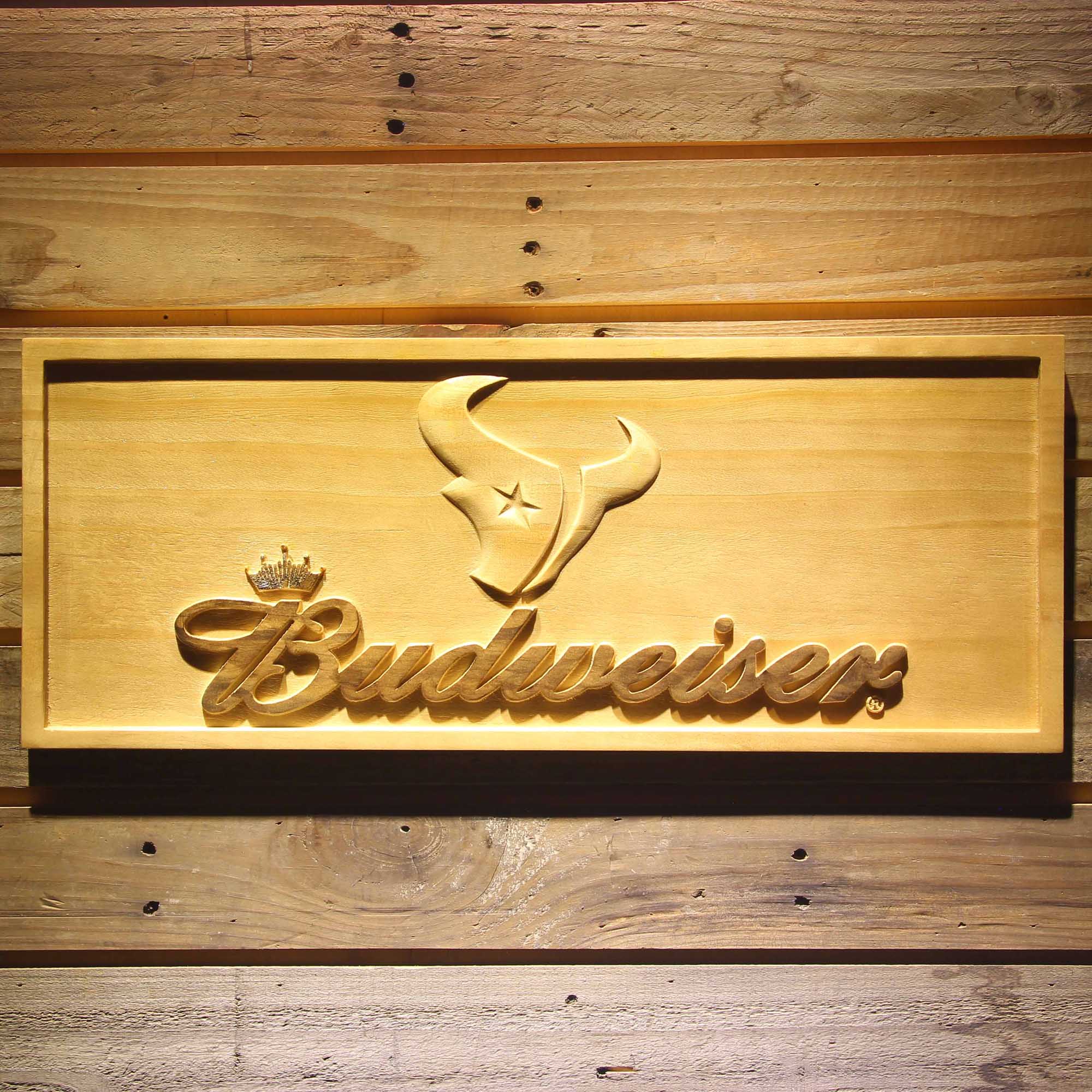 Houston Texans Budweiser 3D Solid Wooden Craving Sign