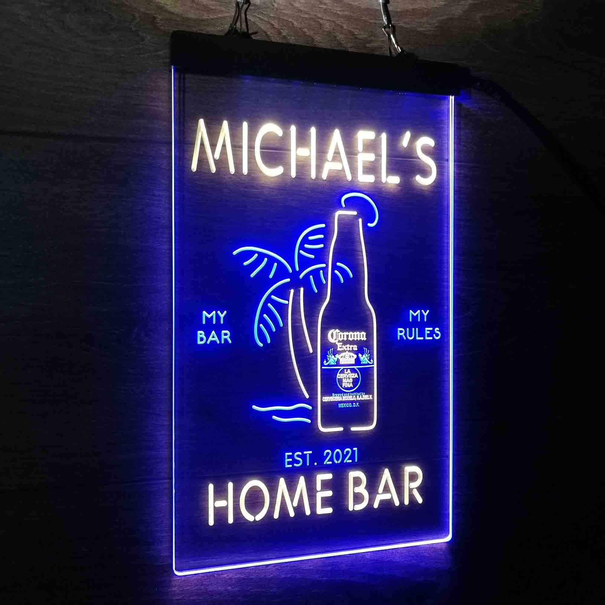 Custom Name Coronas Extra Bottle Palm Tree Home Bar Neon LED Sign