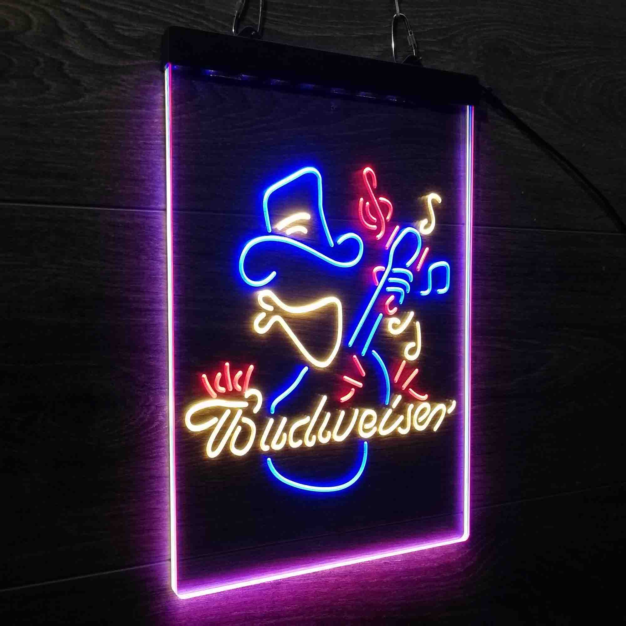 Budweiser Cowboy Play Guitar Neon 3-Color LED Sign