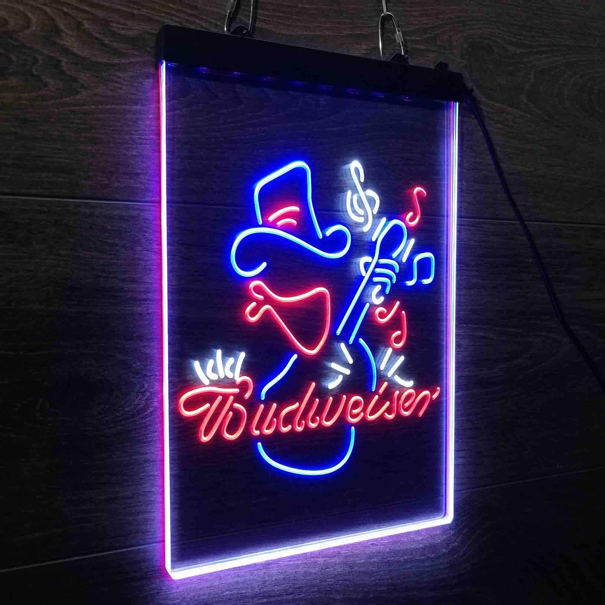 Budweiser Cowboy Play Guitar Neon 3-Color LED Sign