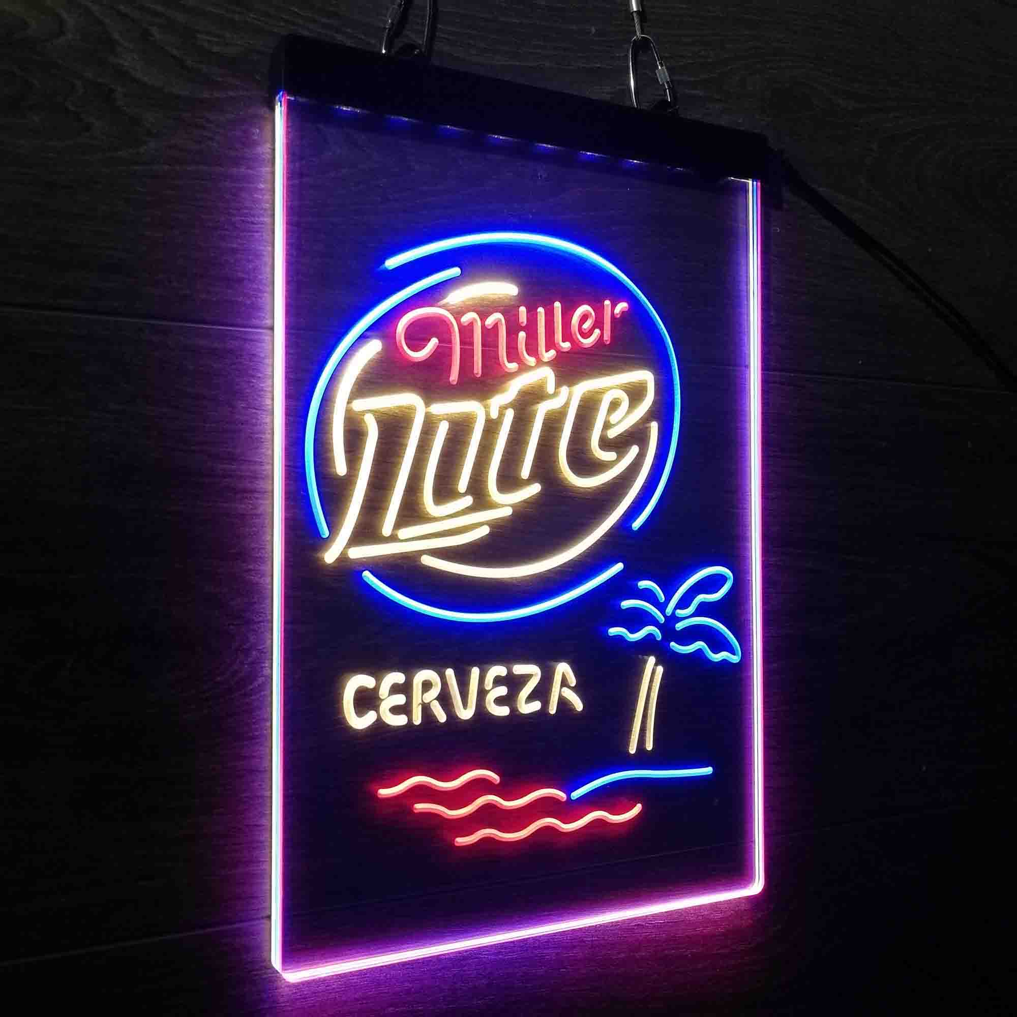 Miller Lite Palm Tree Cerveza Island Neon 3-Color LED Sign