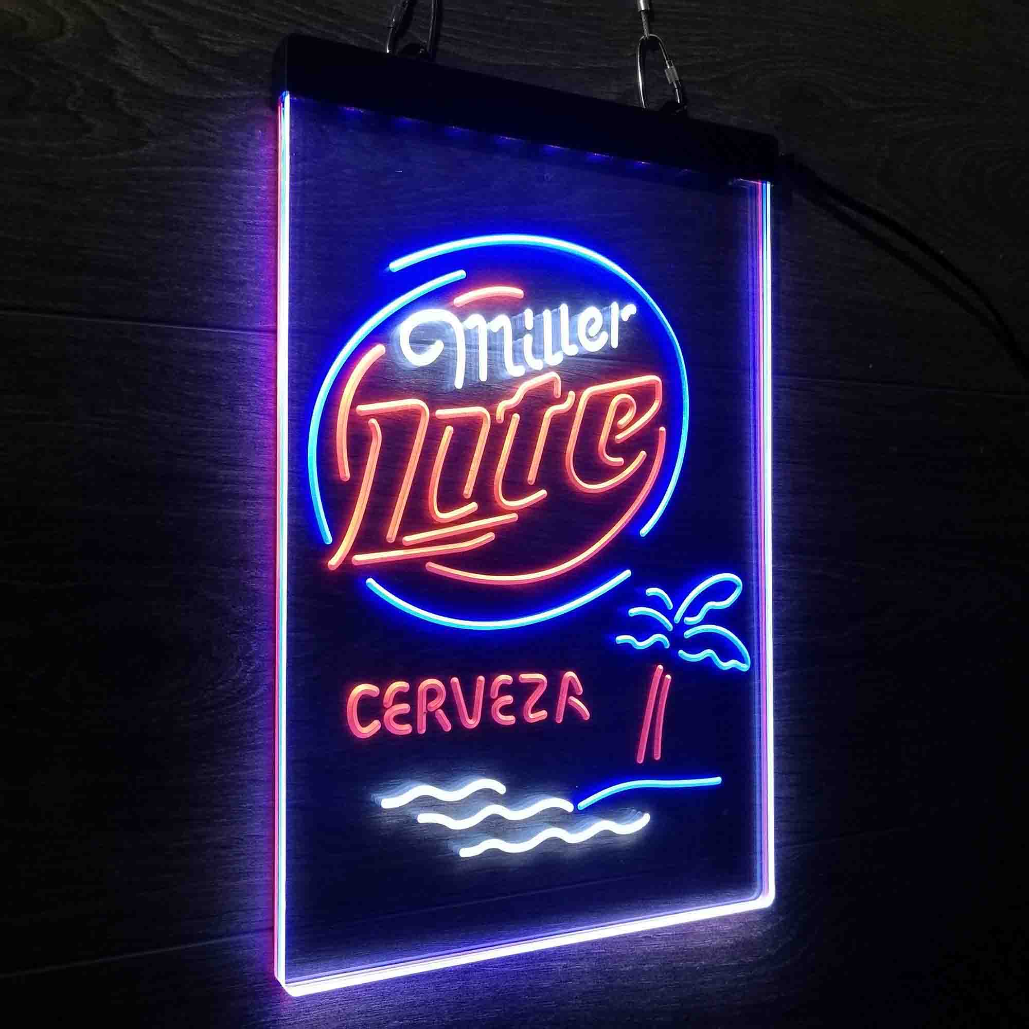 Miller Lite Palm Tree Cerveza Island Neon 3-Color LED Sign