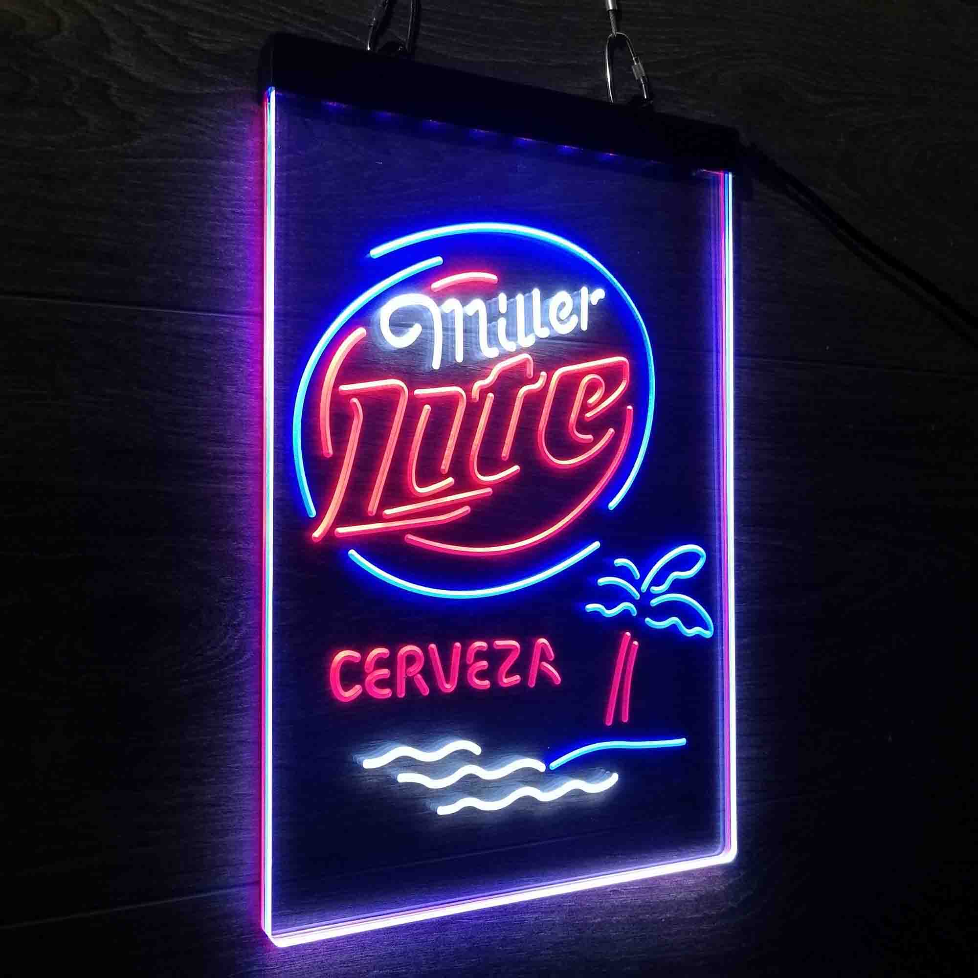 Miller Lite Palm Tree Cerveza Island Neon 3-Color LED Sign