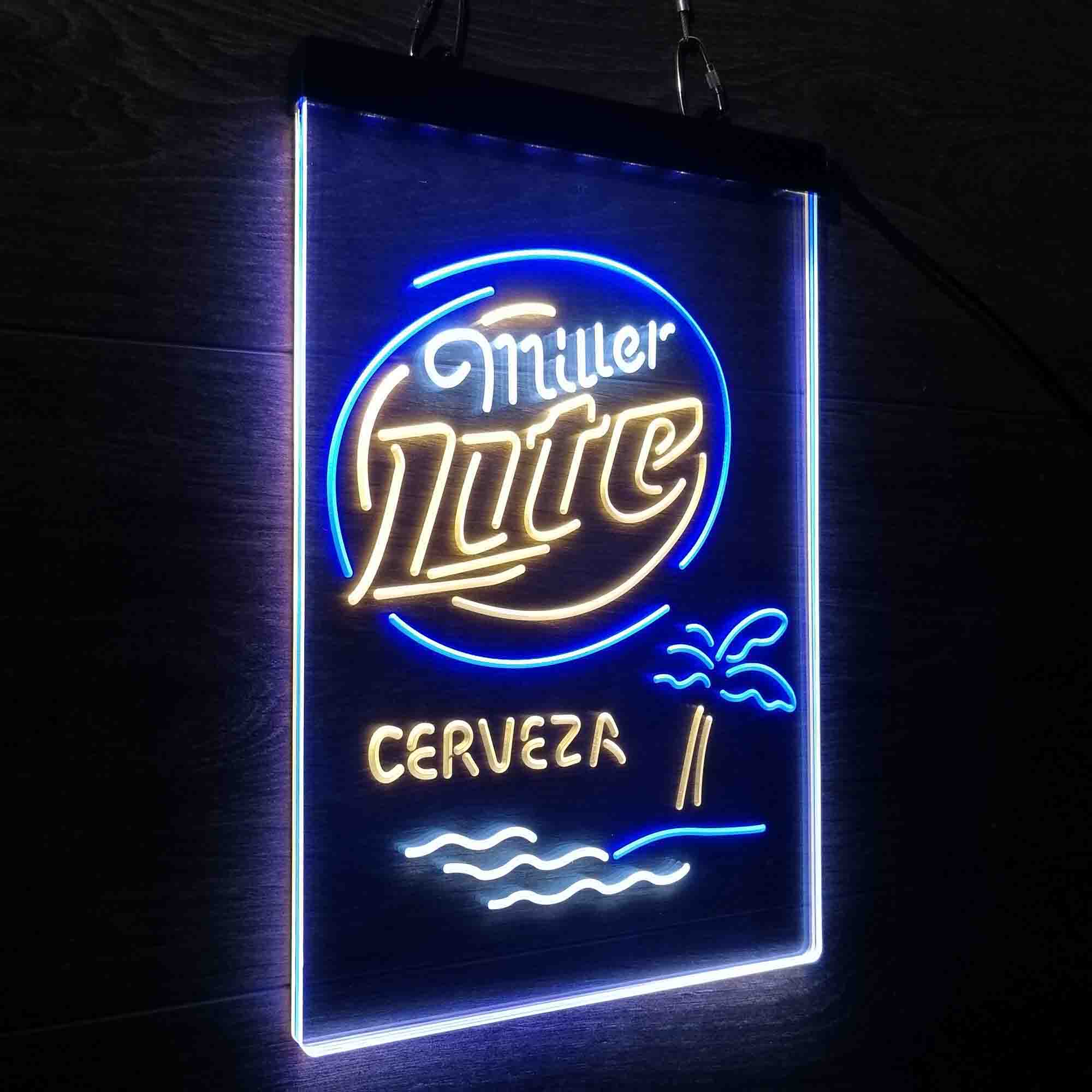 Miller Lite Palm Tree Cerveza Island Neon 3-Color LED Sign