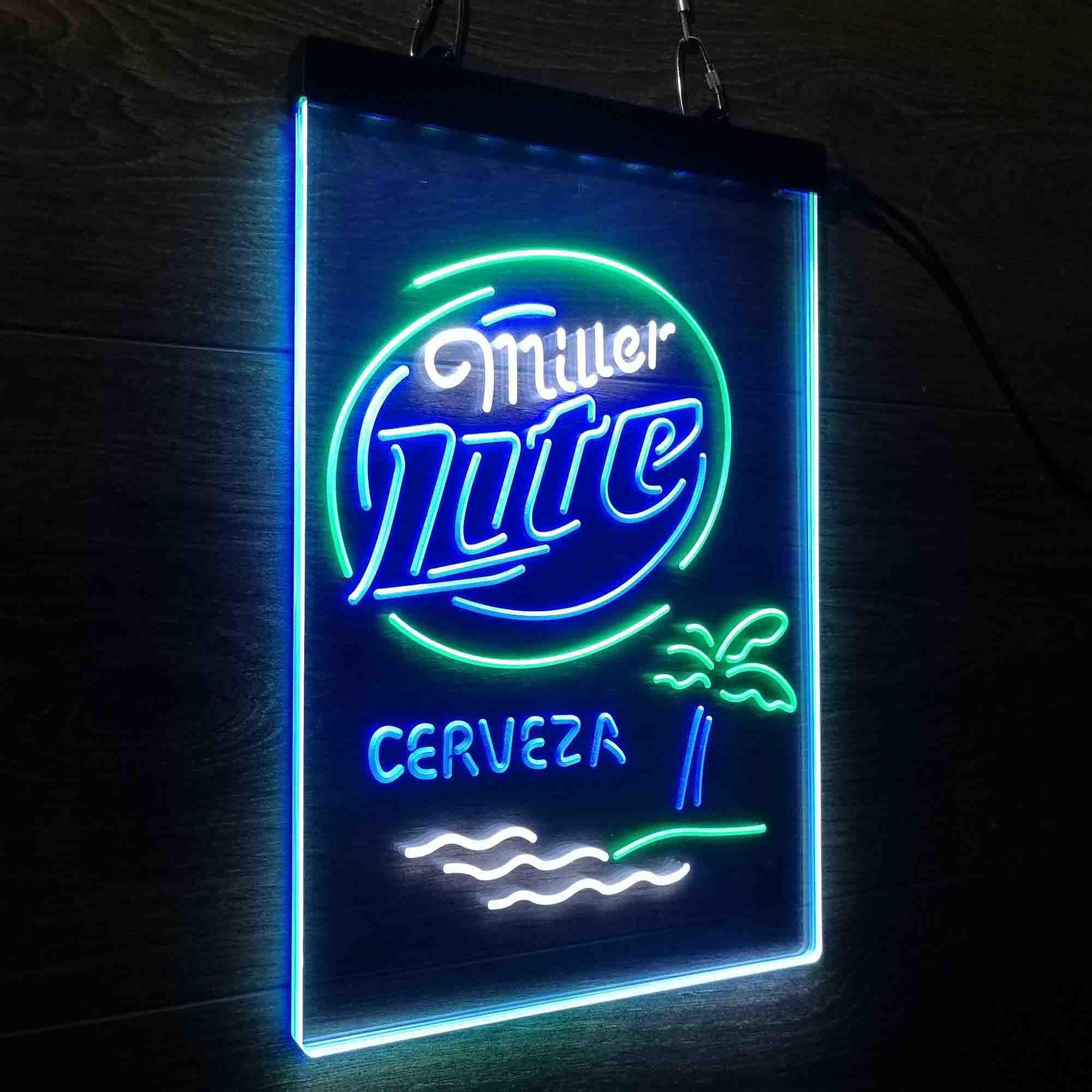 Miller Lite Palm Tree Cerveza Island Neon 3-Color LED Sign