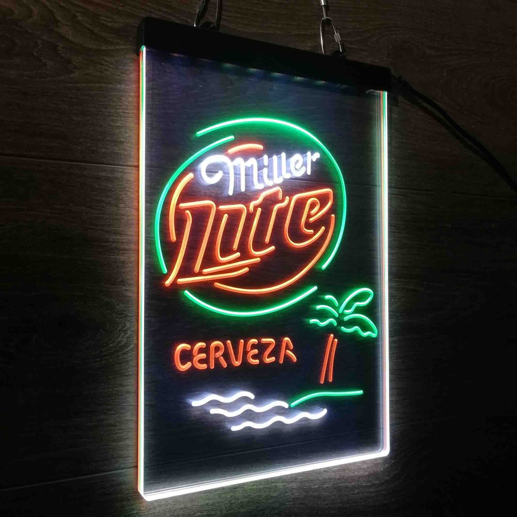 Miller Lite Palm Tree Cerveza Island Neon 3-Color LED Sign