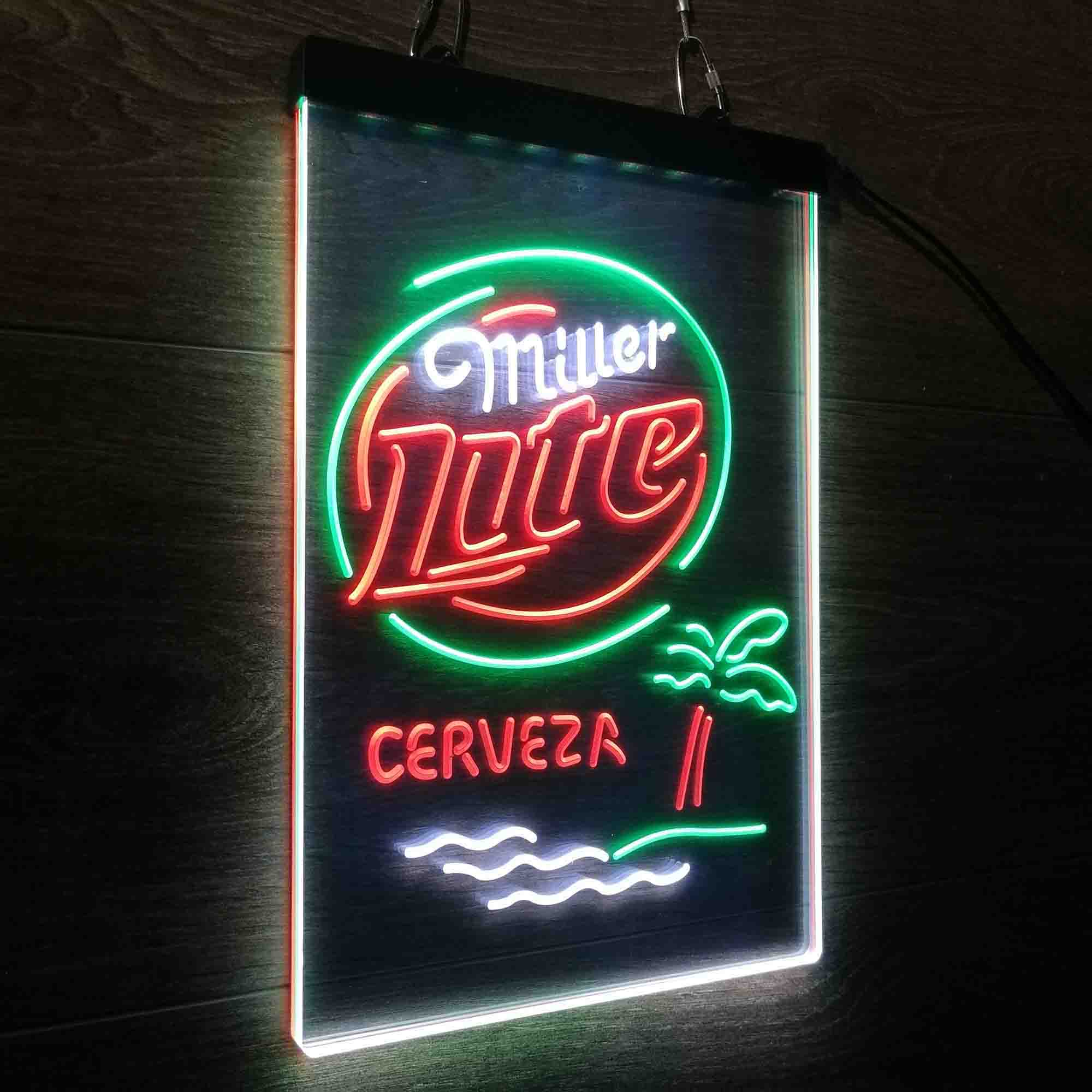 Miller Lite Palm Tree Cerveza Island Neon 3-Color LED Sign