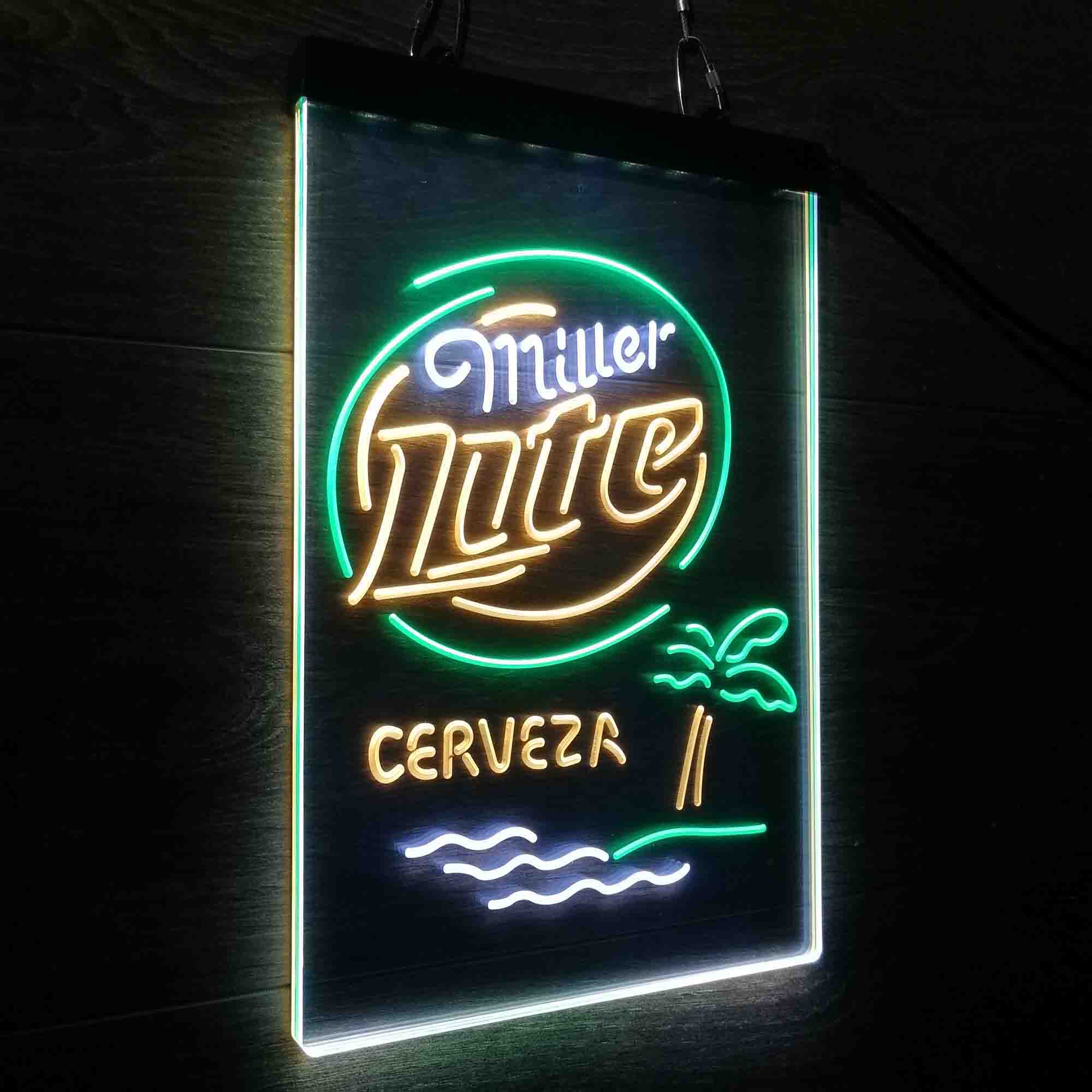 Miller Lite Palm Tree Cerveza Island Neon 3-Color LED Sign