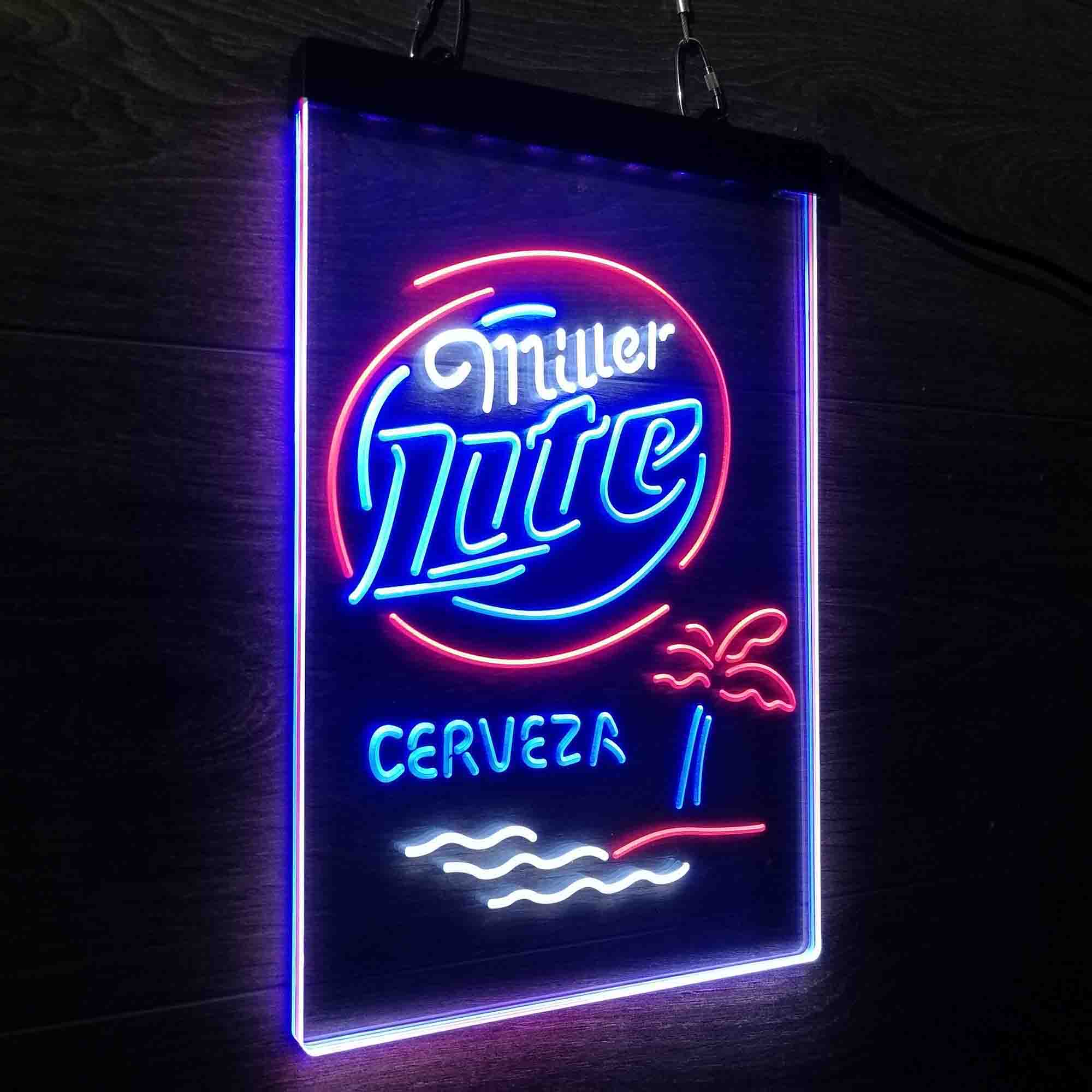 Miller Lite Palm Tree Cerveza Island Neon 3-Color LED Sign