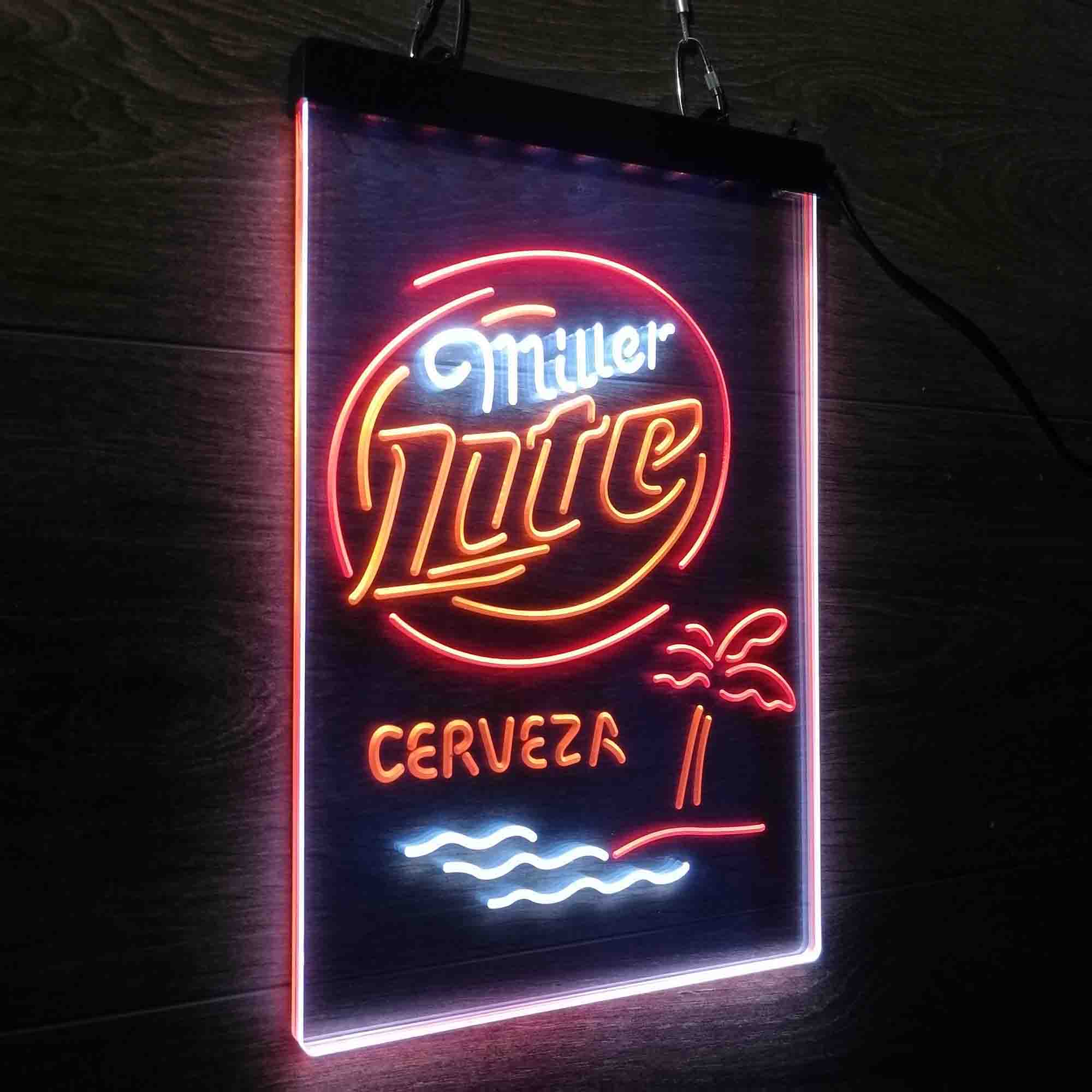 Miller Lite Palm Tree Cerveza Island Neon 3-Color LED Sign