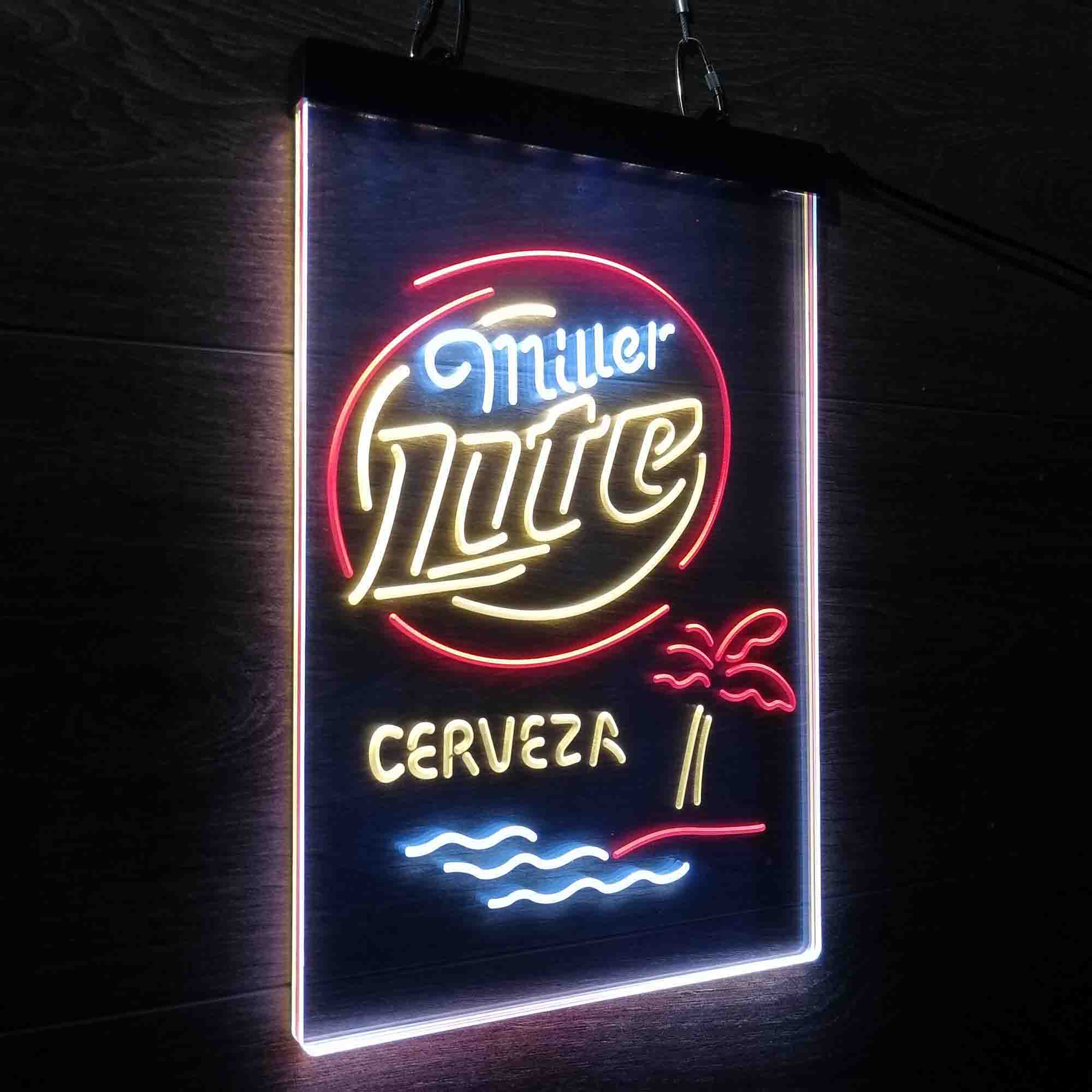 Miller Lite Palm Tree Cerveza Island Neon 3-Color LED Sign