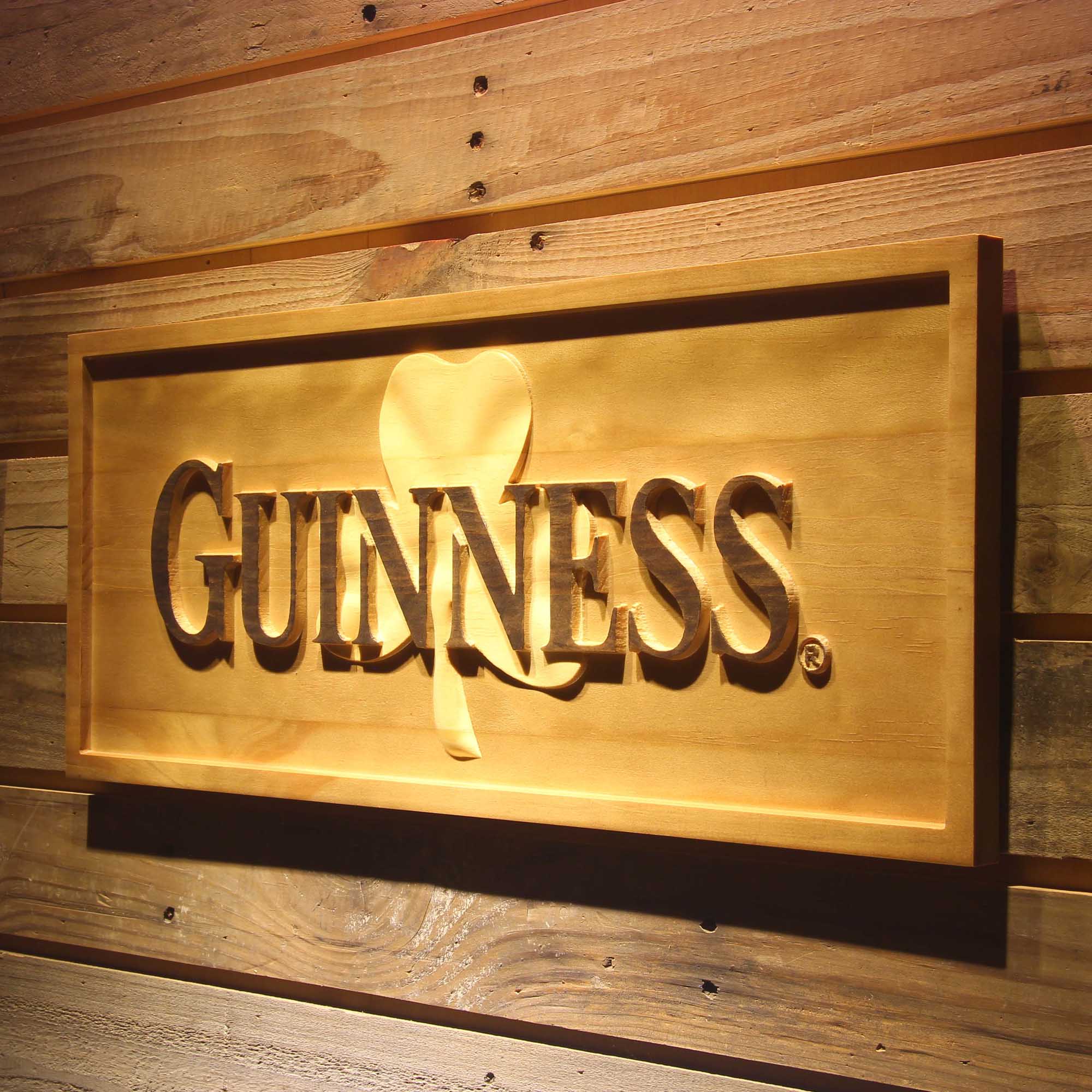 Guinness Shamrock 3D Wooden Engrave Sign