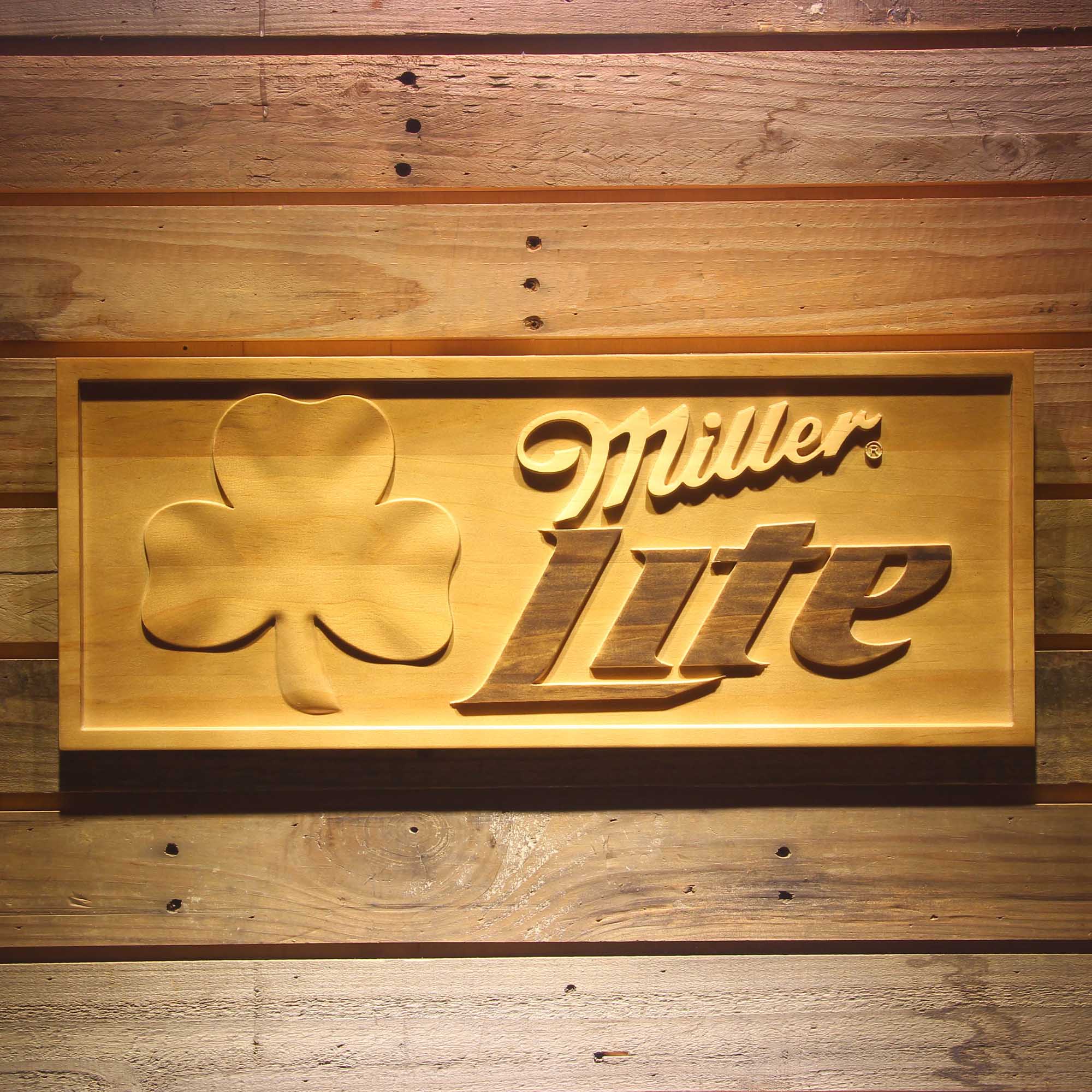 Miller Lite Shamrock 3D Wooden Engrave Sign