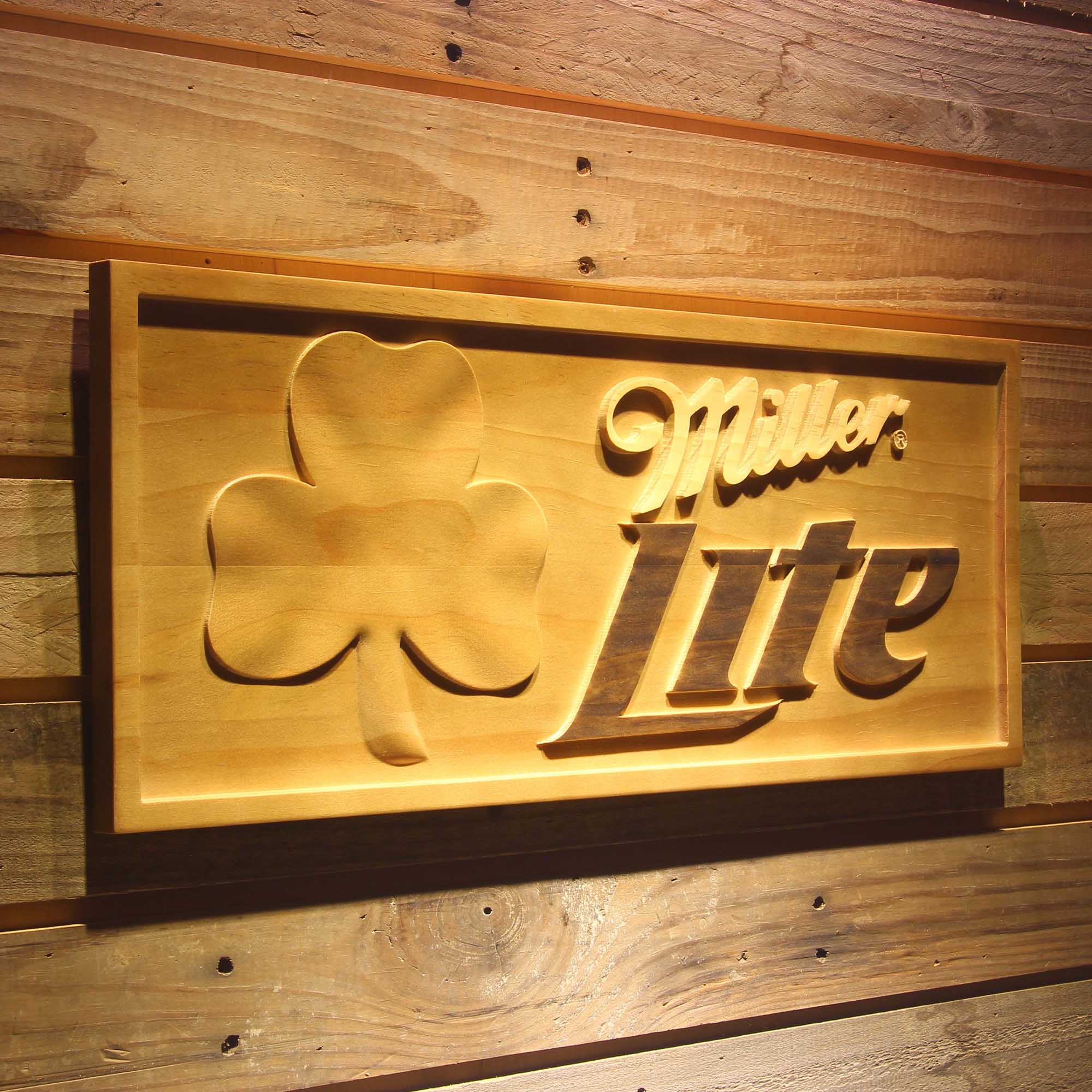 Miller Lite Shamrock 3D Wooden Engrave Sign