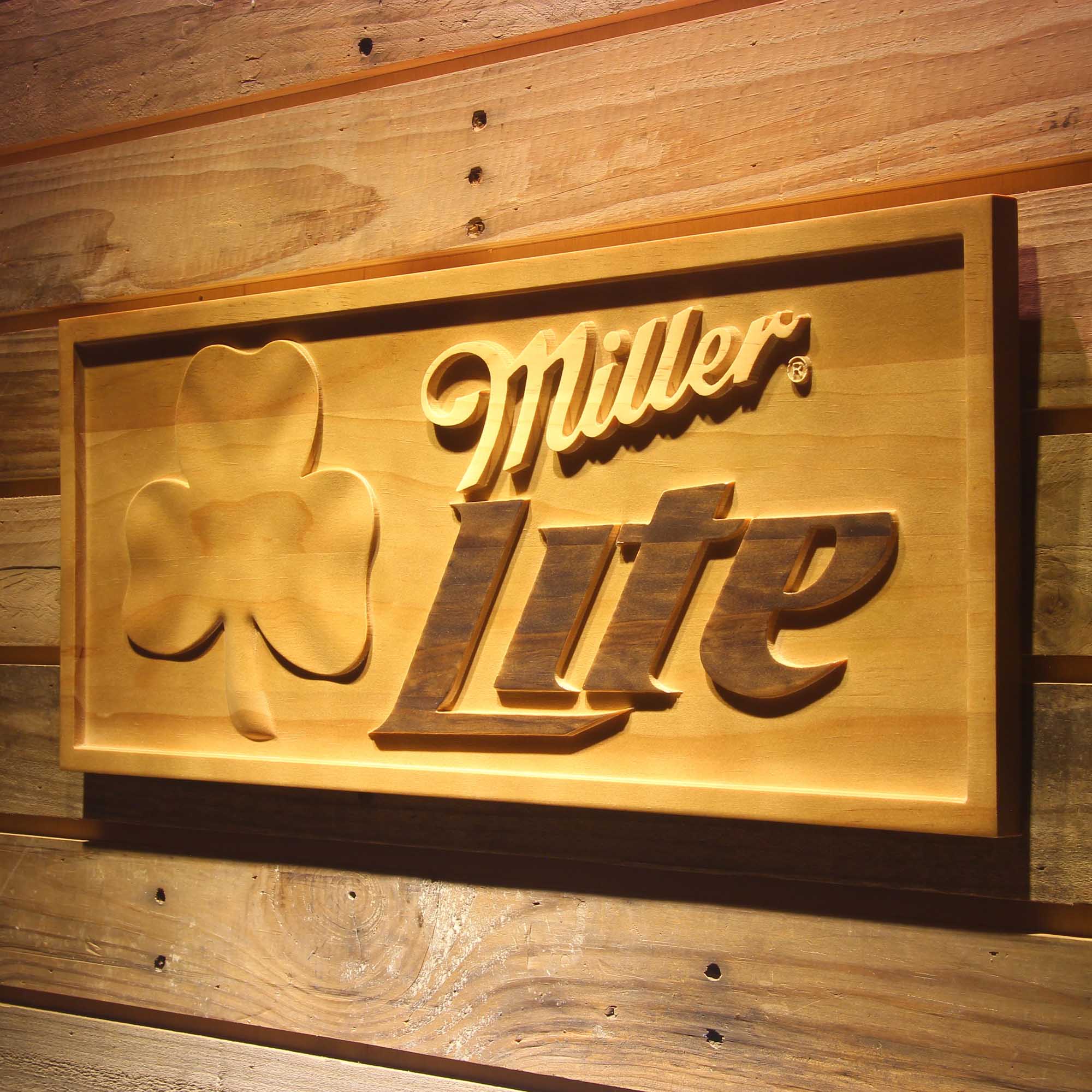 Miller Lite Shamrock 3D Wooden Engrave Sign